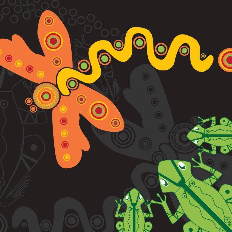 Artwork of orange dragonfly & 3 green frogs for VACCA Koorie Kids Playgroup