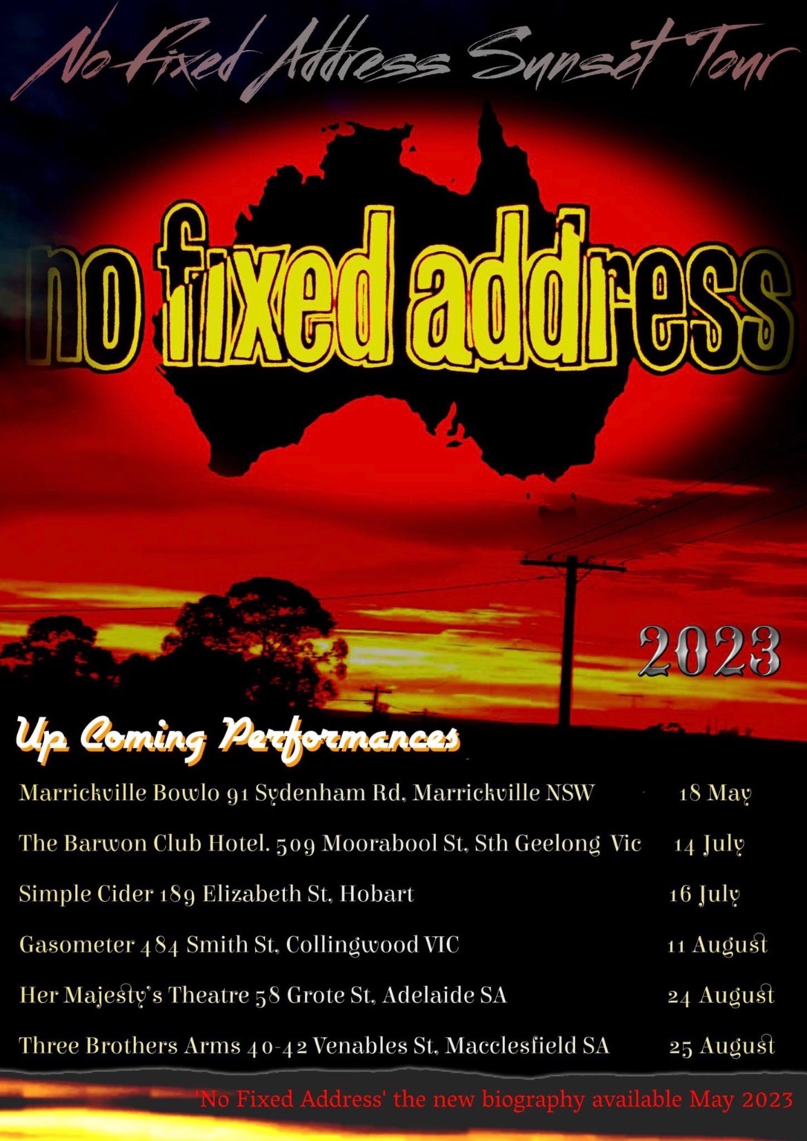 Flyer promoting No Fixed Address - Sunset Tour