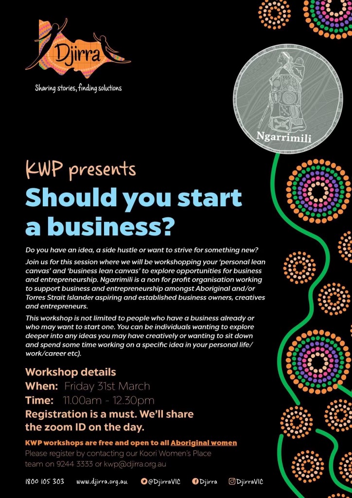 Flyer for - Should you start a business - with Ngarramili – ONLINE 31-3-23