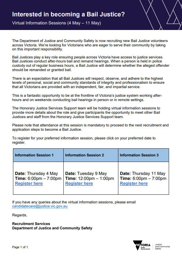 Flyer for the Bail Justice Volunteers - information Sessions