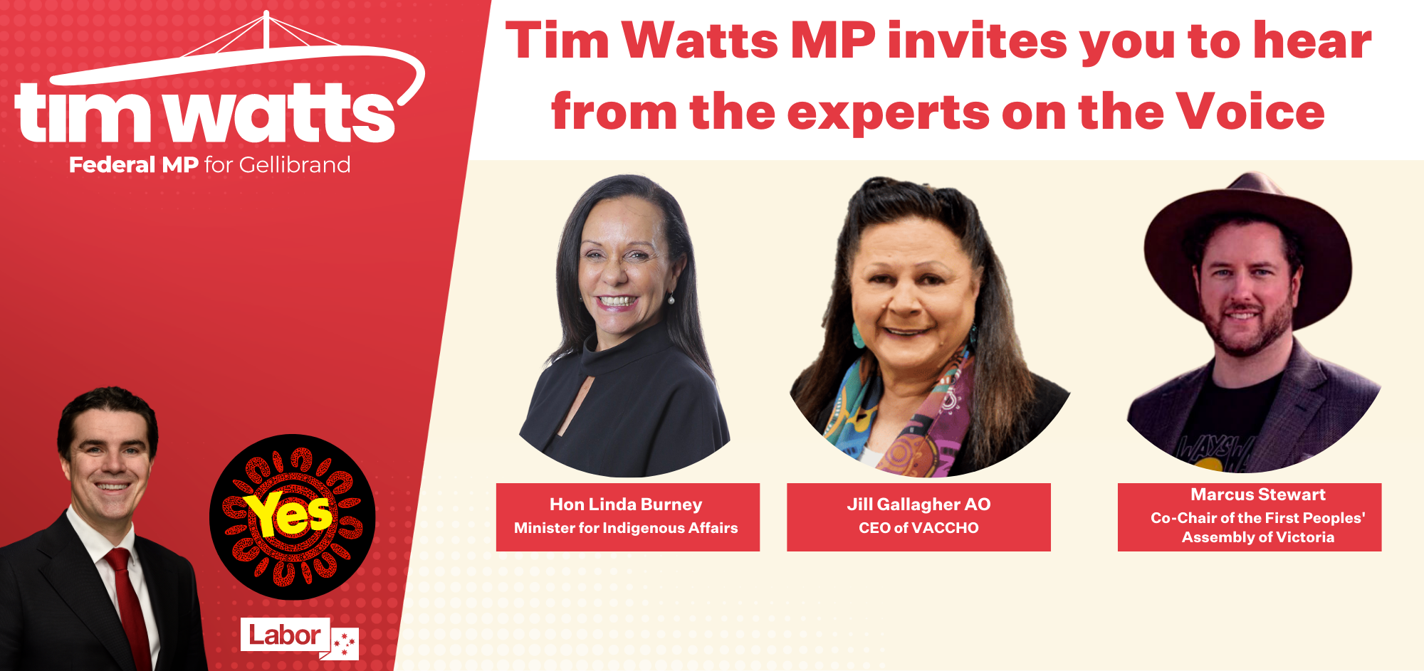 Photos of Minister Linda Burney, Jill Gallagher AO and Marcus Stewart with Tim Wats MP