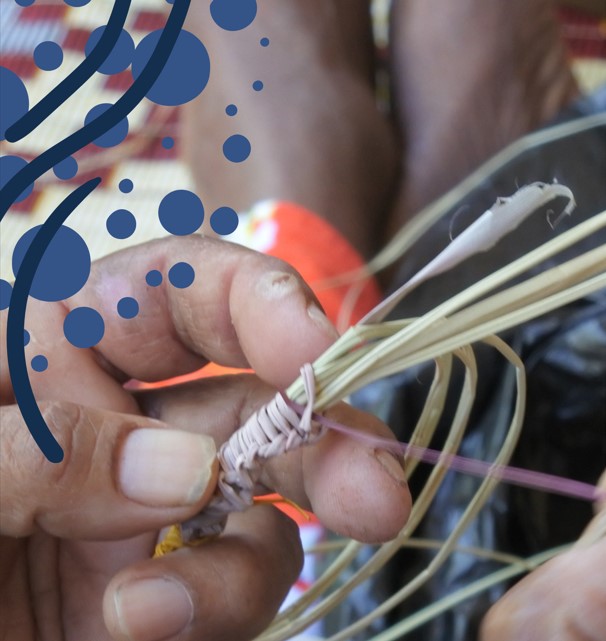 Image of hands weaving with decorative dots and curved lines