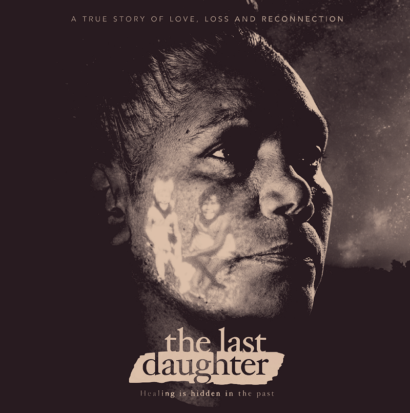 Image of cover for the book title The Lost Daughter. Photo of a person's face with a childhood photo superimposed on their cheek.