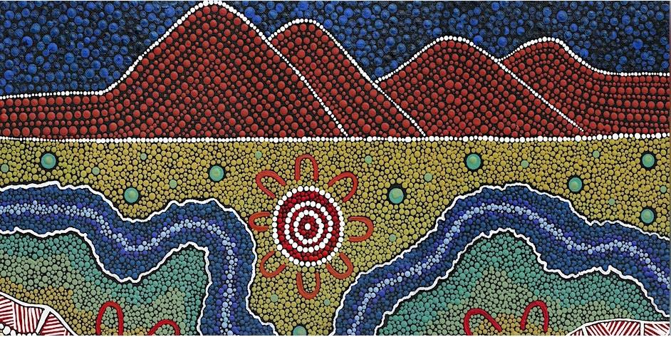 Artwork called the The Heart - A Shared Journey. Depicts landscape of Geelong with waterways, grasslands and You Yang hills