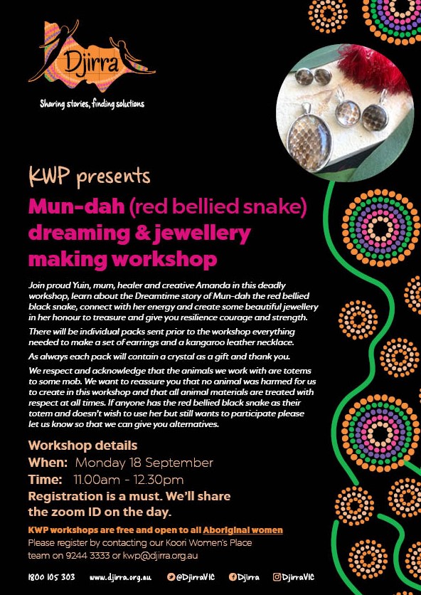 Djirra Flyer - Workshop - Mun-dah dreaming and Jewellery making workshop