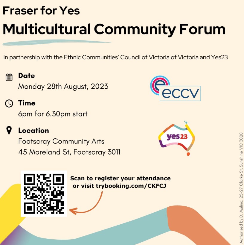 Flyer promoting Fraser for Yes Event with details and QR Code, ECCV and Yes 23 Logos on a cream background with decorative coloured swirl