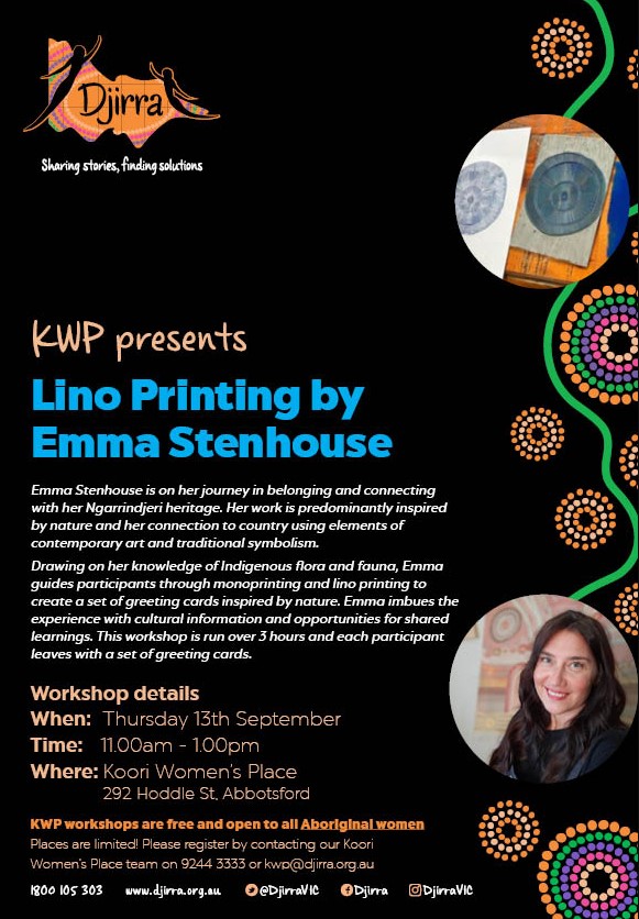Lino Printing by Emma Stenhouse - Flyer - Djirra - workshop
