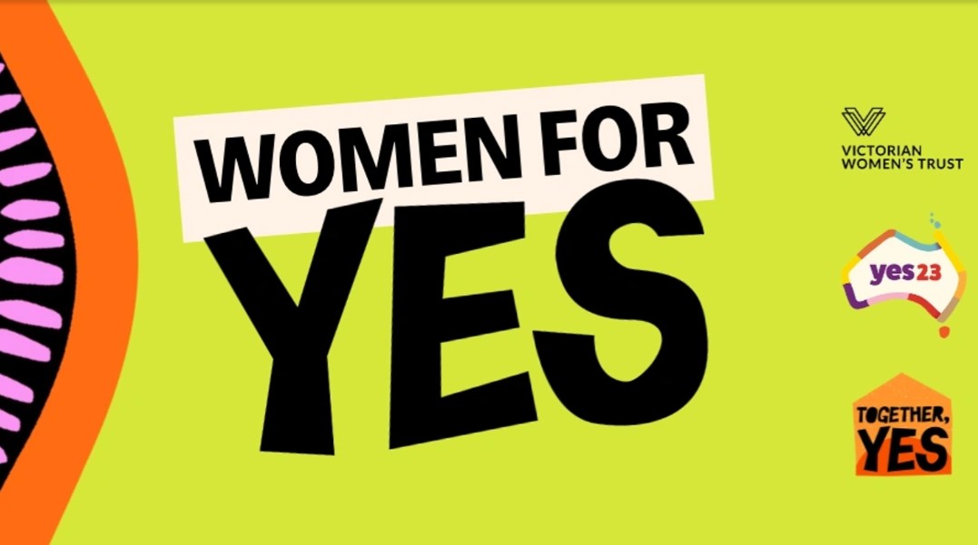 Bright green background with words " WOMEN FOR YES" and logos