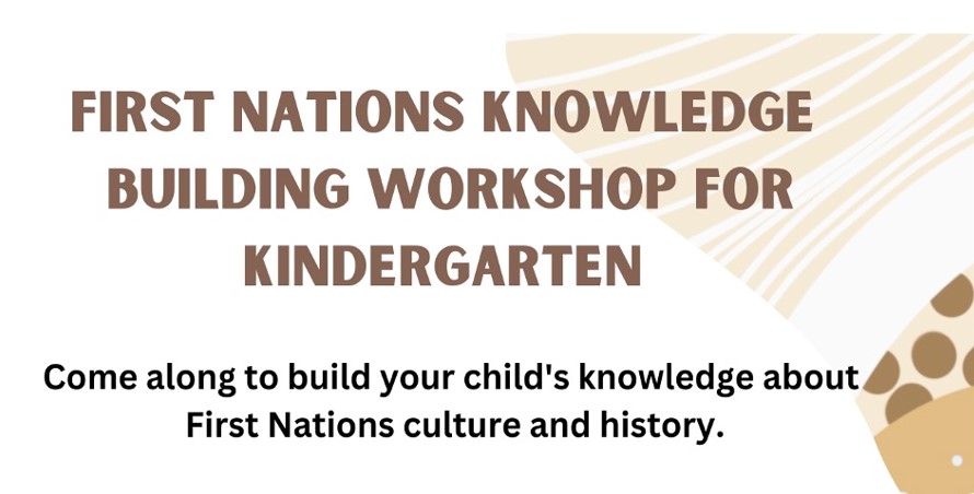 Image with text "First Nations Knowledge Building Workshop for Kindergarten. White background with light brown Aborigibal pattern with brown text