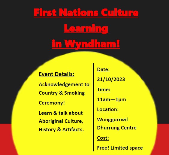 Aboriginal Flag in background with text heading and event details