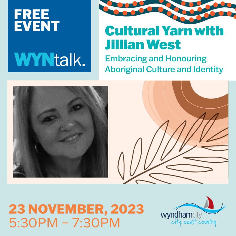 Profile black and white picture of Jillian West with text information, Wyndham City logo and decorative images