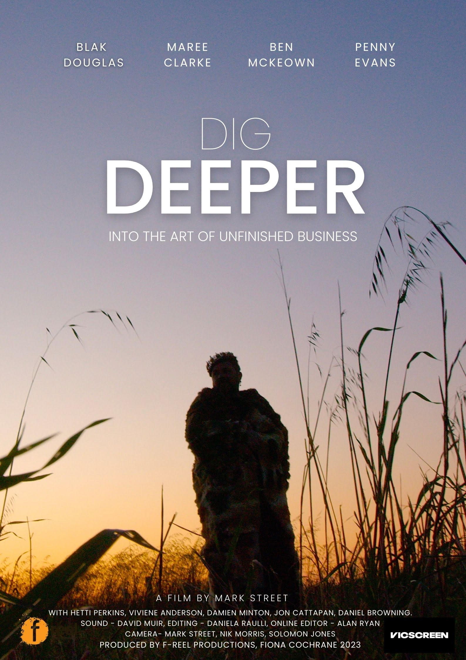 Film cover for Dig Deeper. Person with possum skin cloak silhouetted against a sunset sky
