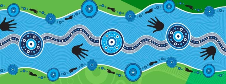 Aboriginal art work, blue circles and lines on a green background