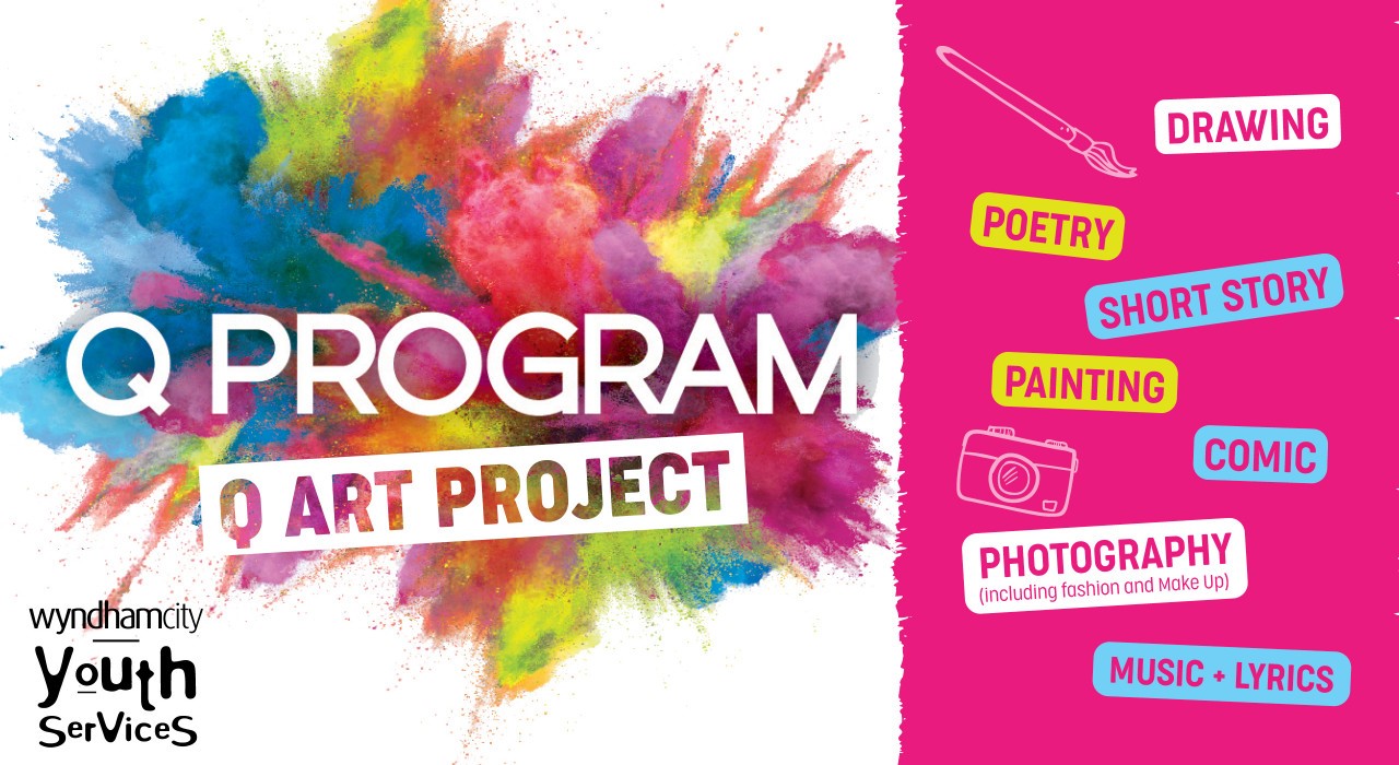 Coloured splashed of paint with text across "Q Program, Q Art Project"