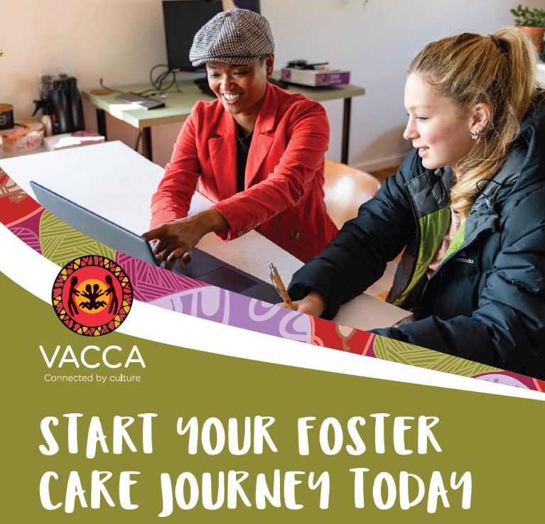 Image of 2 young people looking at a laptop, VACCA Logo and text "Start your foster care journey today"