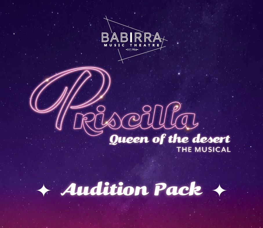 Sparkly pink and purple background with Babirra Theatre Logo and Header "Priscilla, Wueen of the Desert"