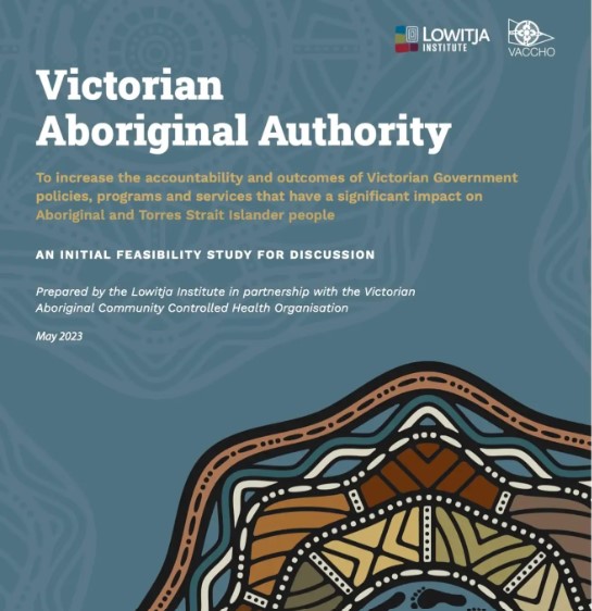 Front Cover of Feasibility Report. Text and blue background with aboriginal design