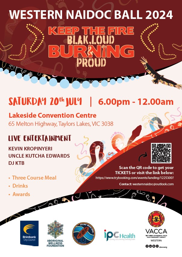 FLyer for Western NAIDOC Ball with text about the event and aborigibal artwork in the background