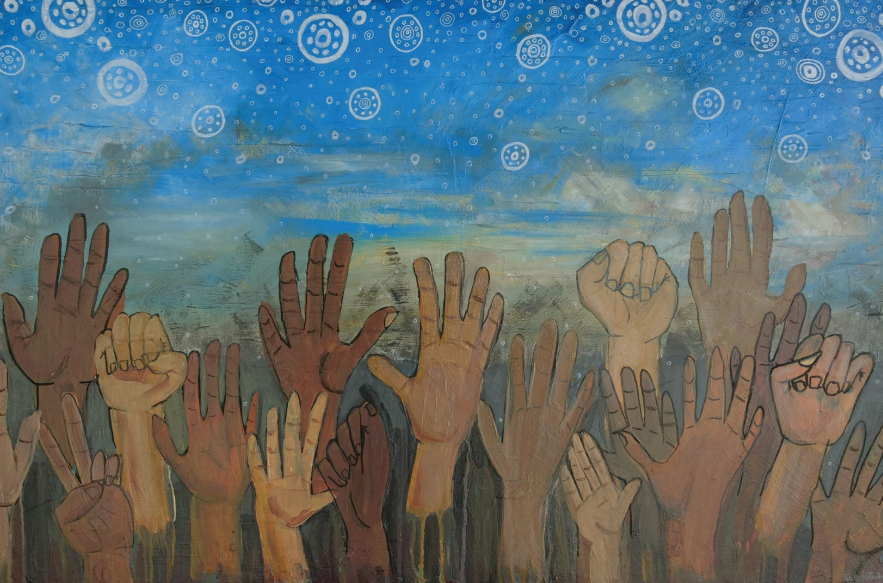 Sketched image of lots of hands reaching up to the blue sky which contains Aboriginal circle designs