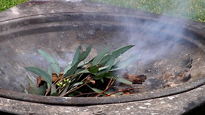 Fire pit for smoking ceremony with leaves smoking