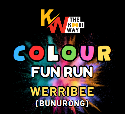 Black background with various colours and main Text" Colour Fun Run"