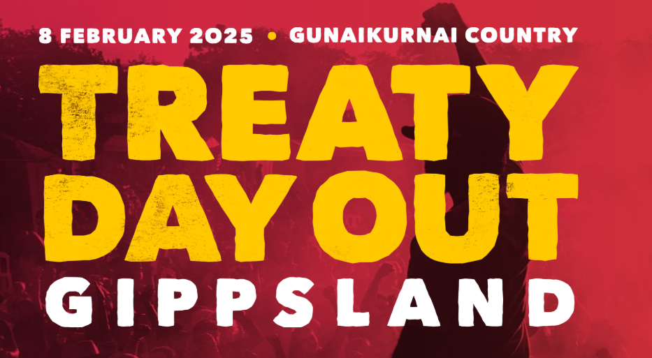 Yellow text "Treaty Day Out Gippsland" on a red background with silhouette of a singer with his fist in the air.