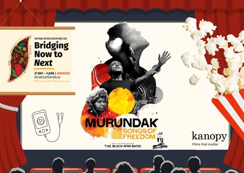 Movie theatre style image with red curtains showing first nations silhouettes on the screen with tops of heads viewing.