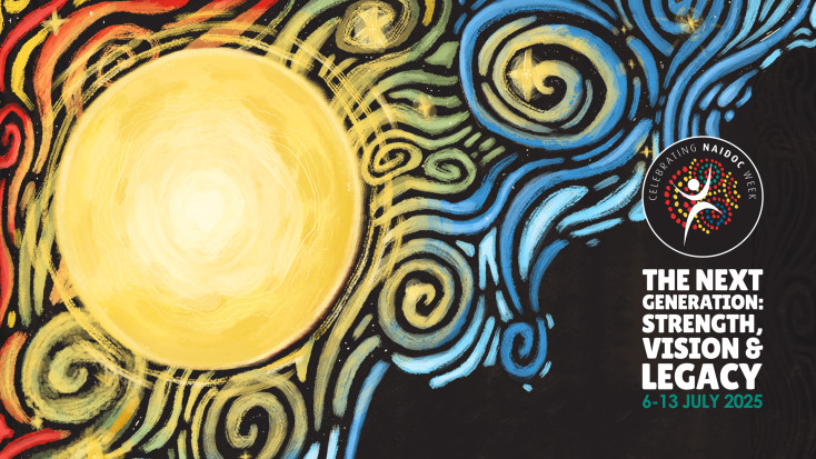 Aboriginal art work with painted yellow sun and lines in red, yelowy and blue coming from the sun