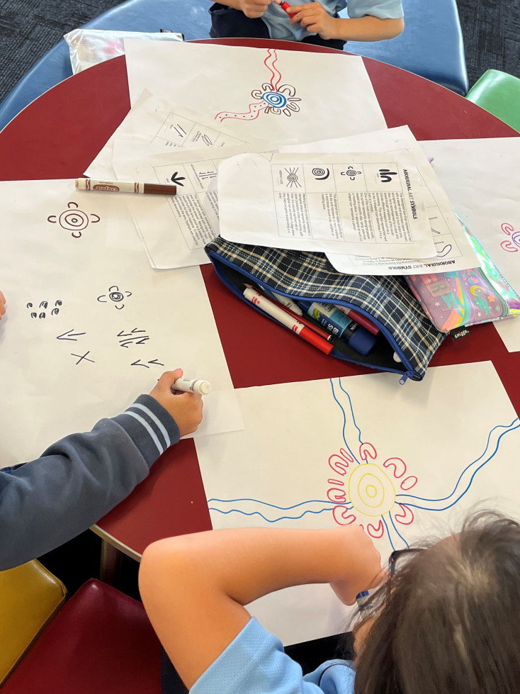 Image of children drawing aboriginal symbols on paper