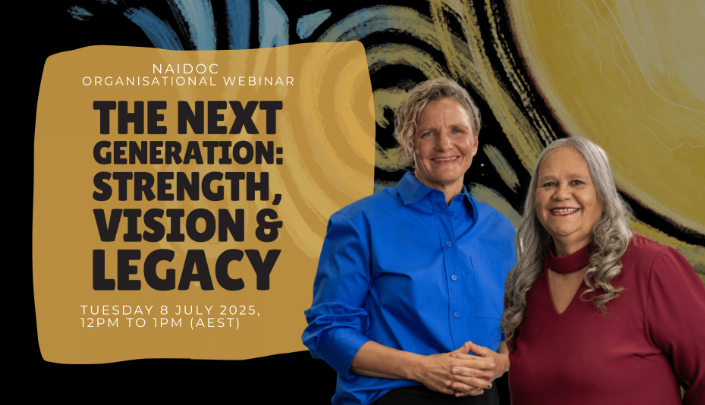 Carla Roger is wearing a blue shirt standing next to Aunty Munya Andrews (Aboriginal Elder) wearing a marron top. Title text next to the image