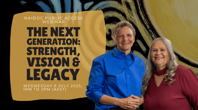 Carla Roger is wearing a blue shirt standing next to Aunty Munya Andrews (Aboriginal Elder) wearing a marron top. Title text next to the image