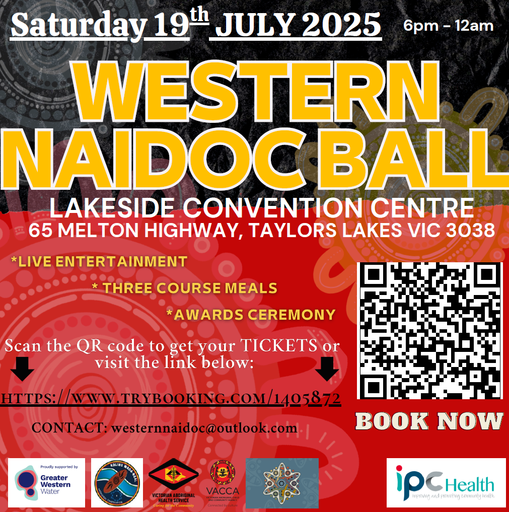 Black and red background with aboriginal design with text about the event in yellow and white. Includes QR Code and various logos.