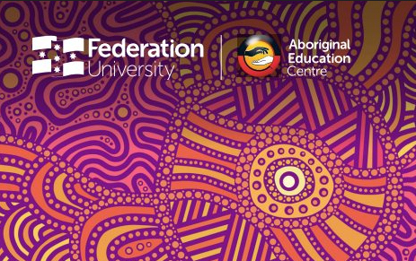 Purple and orange aboriginal art work with Federation University and Aboriginal Education Centre logos
